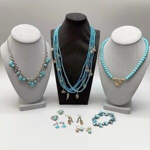 Jewelry Lot Silver & Gold Tone Charms Blue Bead Necklaces Rings Earring Bracelet